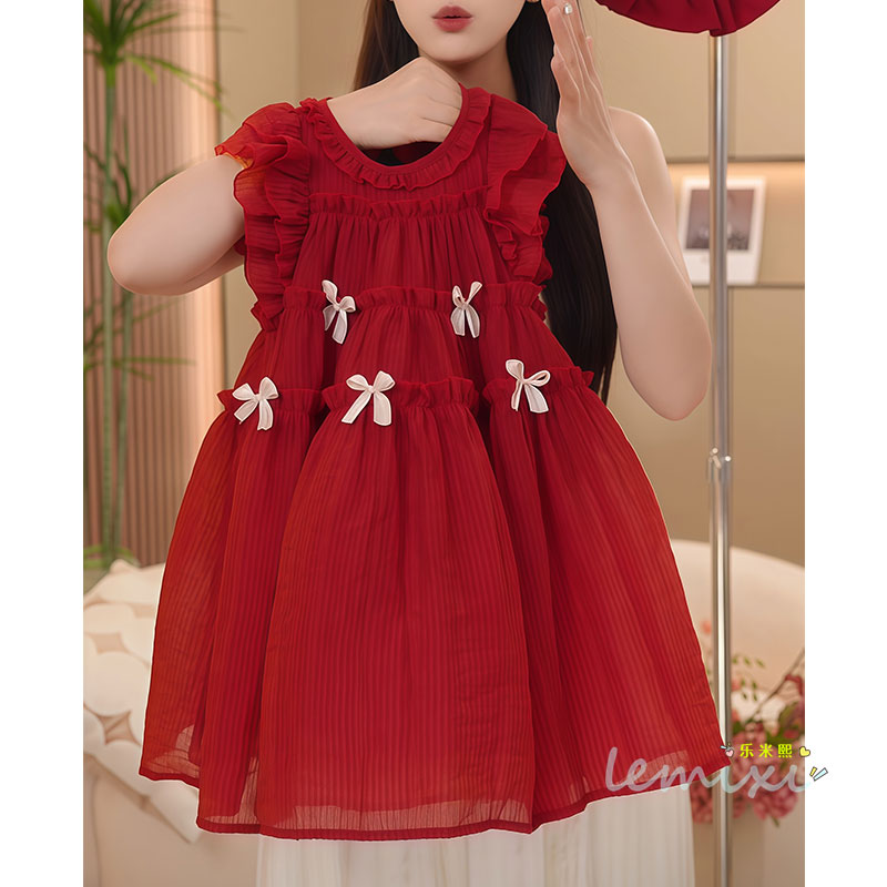 女童蝴蝶结飞袖连衣裙2025夏款女孩公主裙无袖海边花边沙滩背心裙