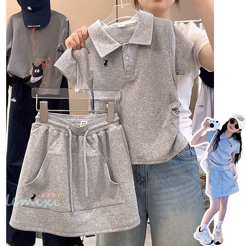 女童POLO衫短袖半身裙套装2025夏款学院风运动夏季休闲T恤短裙子8