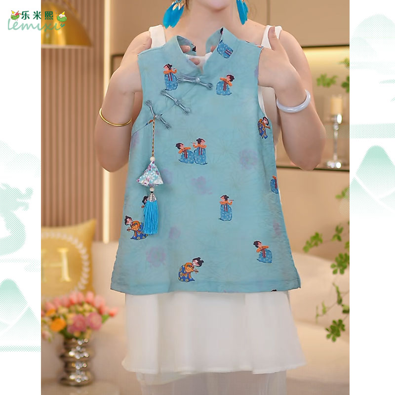 女童新中式无袖旗袍裙2025夏季假两件背心裙国风盘扣连衣裙薄款潮