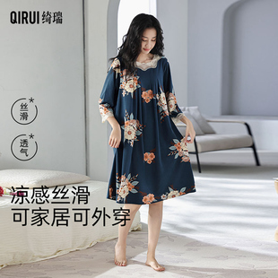 绮瑞女春夏季 复古国风妈妈睡衣宽松家居服 莫代尔长袖 睡裙春秋薄款