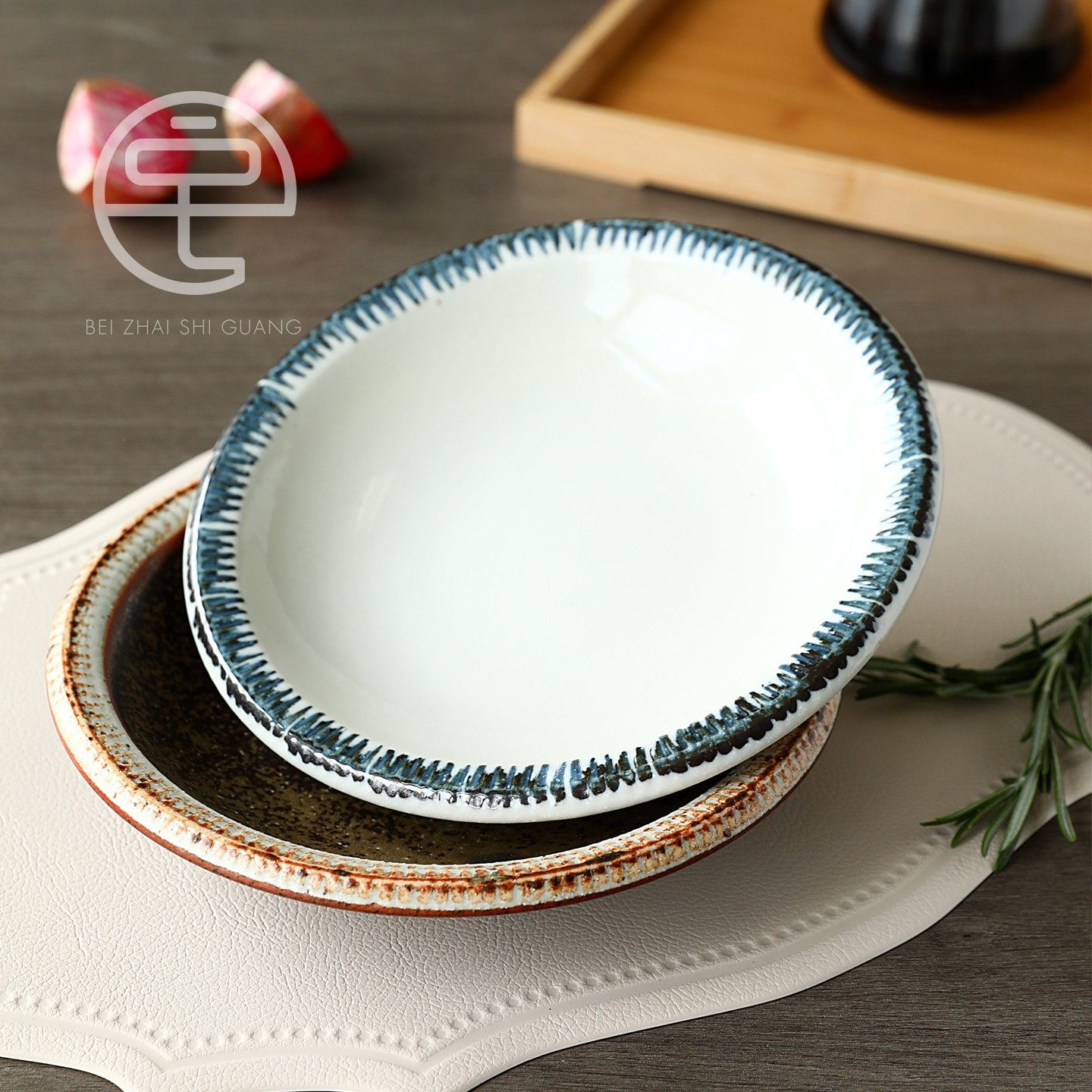 日本制原装进口手工侘寂风十草盘餐盘菜盘子深型家用意面盘餐具
