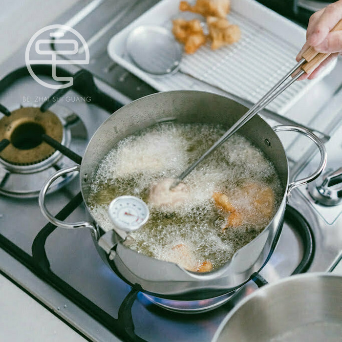 日本制进口下村不锈钢天妇罗油炸锅带温度计厨房家用无涂层油壶