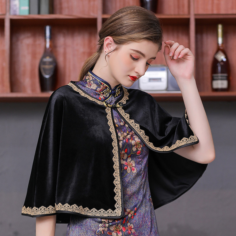 小披肩外套女2020新款春秋披风旗袍外搭复古小斗篷金丝绒开衫外披