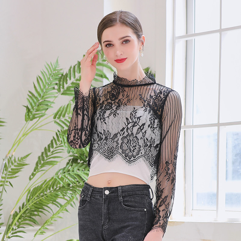 配吊带裙的蕾丝打底衫2020春夏立领黑色蕾丝上衣半高领薄内搭长袖