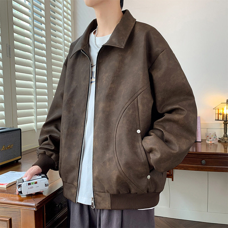 青年大码pu皮衣男士春季上衣胖子港风帅气加肥加大休闲夹克外套男