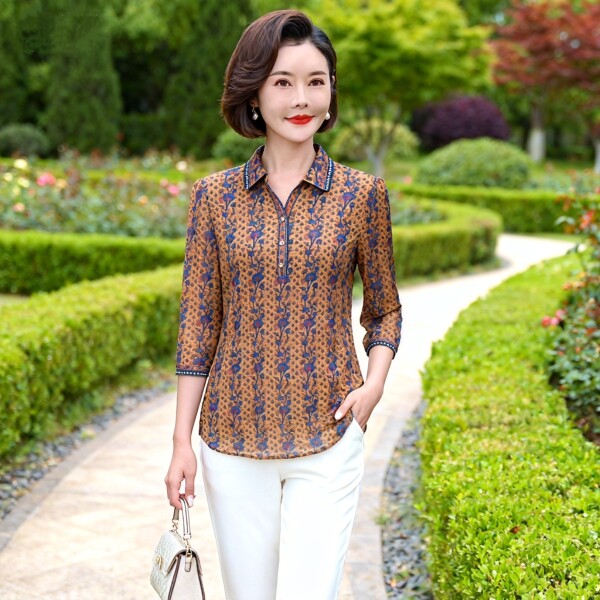 凯斯曼品牌女装新款春秋装洋气中年妈妈上衣中长款印花台湾纱T恤
