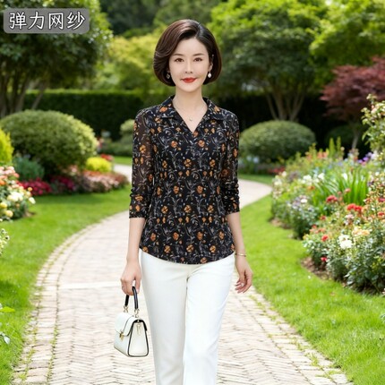 凯斯曼女装台湾网纱新款春装中老年大码秋妈妈装花色女上衣套头