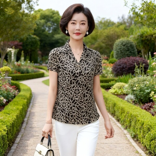 锦依罗专柜正品新品中年女夏装台湾纱短袖T恤时尚气质妈妈小衬衫