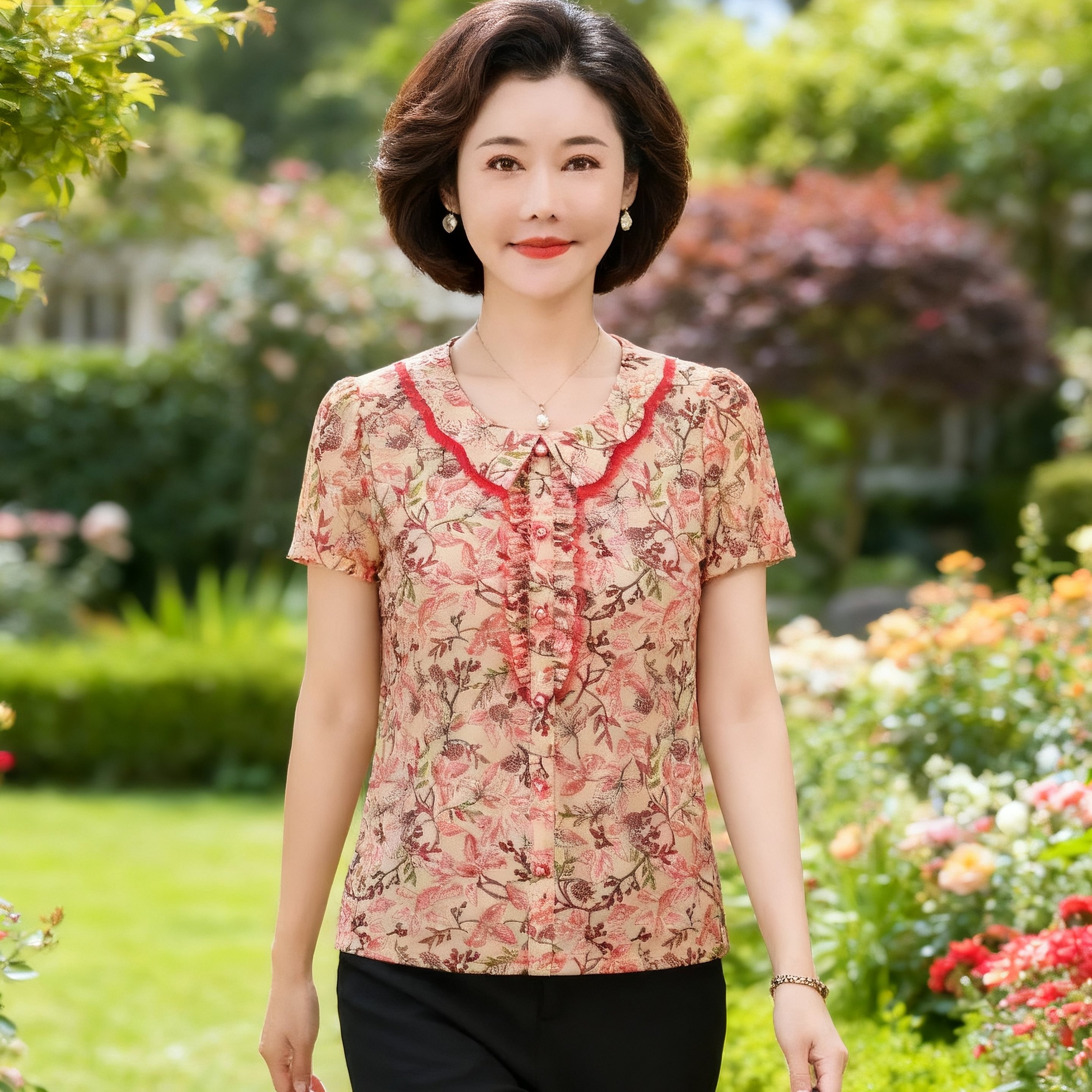 雪琳儿专柜正品新品中年女夏装台湾纱短袖T恤时尚气质妈妈小衬衫