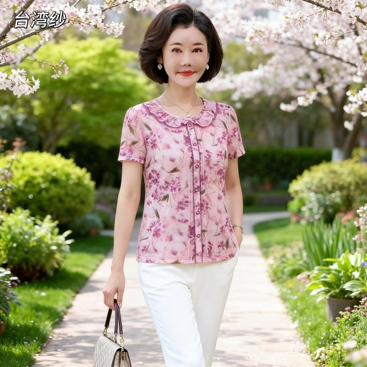 雪琳儿专柜正品新品中年女夏装台湾纱短袖T恤时尚气质妈妈小衬衫