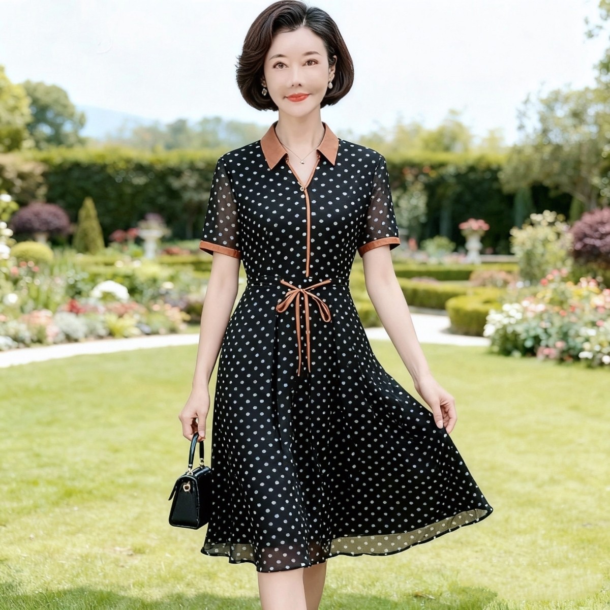 ，专柜正品高贵显瘦中年女夏装台湾网纱短袖连衣裙时尚气质妈妈装