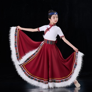 儿童六一藏族舞蹈演出服少数民族表演服次仁拉索头饰大裙摆半身裙