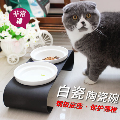 陶瓷猫碗双碗护颈椎高脚防打翻可爱单碗食盆饮水狗碗宠物猫咪粮碗