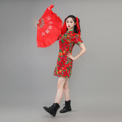 二手玫瑰衣服中国风新款改良演出旗袍长短款复古东北大花布修身