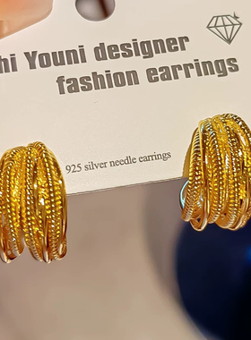 金色冷淡风精致金属绕丝小众设计感C形耳环日常通勤百搭2024耳钉
