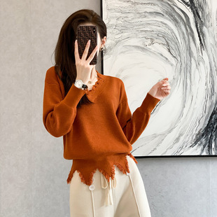 2025秋冬新款很仙的毛衣女修身流苏小清新V领针织衫洋气女士上衣