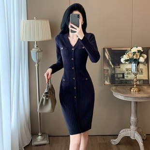 法式轻奢十三行女装秋季修身气质V领高腰针织连衣裙毛衣打底A字裙
