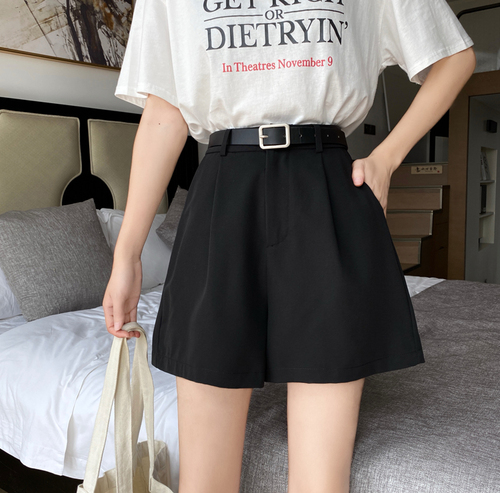 Real photo real price ~ high waist Suit Shorts women's summer straight tube loose 2020 versatile thin black wide leg pants