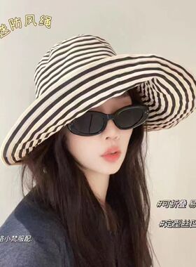 胶片日记玫瑰款优雅复古气质定制织带条纹大帽檐遮阳防晒渔夫帽女