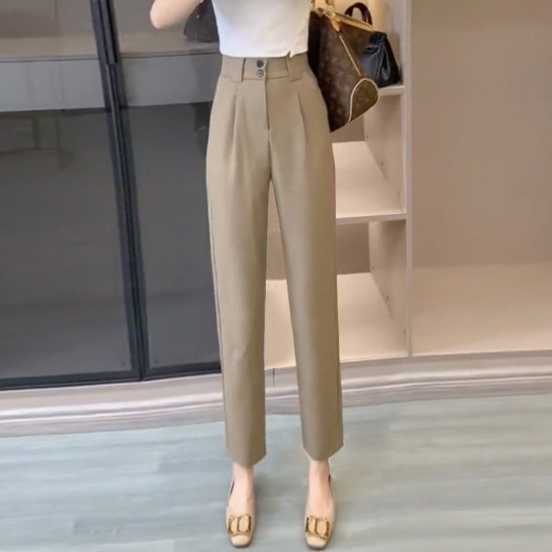 여름 여성 얇은 9부 정장 바지 하이웨이스트 스트레이트 2024 작은 사람들을 위한 새로운 얇은 얼음 실크 하렘 바지