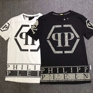 pp字母个性 烫钻潮流菲利普普莱因时尚 T恤男装 短袖 qp纯棉上衣shirt