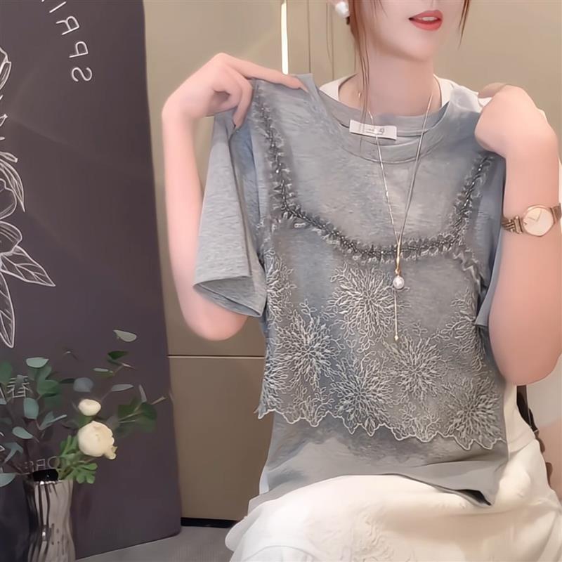 欧货复古假两件蕾丝显瘦T恤女