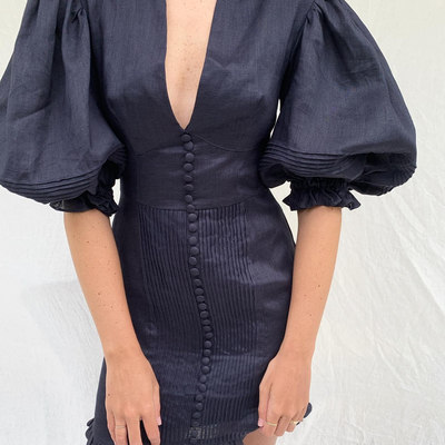 NOHASHTAG 新款春夏小众设计感气质名媛风纯亚麻连衣裙