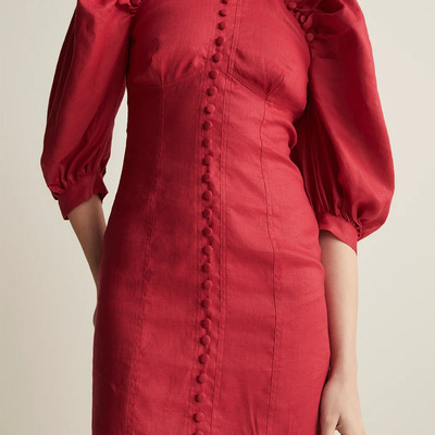 NOHASHTAG 新春夏小众设计感气质清新甜美泡泡袖修身纯亚麻连衣裙