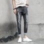 Mùa hè 9 điểm quần jeans nam Slim phiên bản Hàn Quốc của xu hướng quần lỗ nam 9 điểm quần đen chân thường 1820 # - Quần jean quần ống suông nam