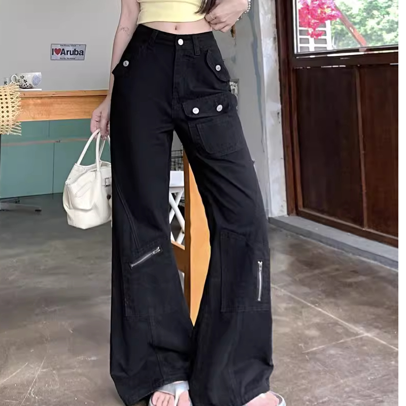 小个子黑色工装微喇牛仔裤女夏季显瘦多口袋设计感直筒拖地喇叭裤