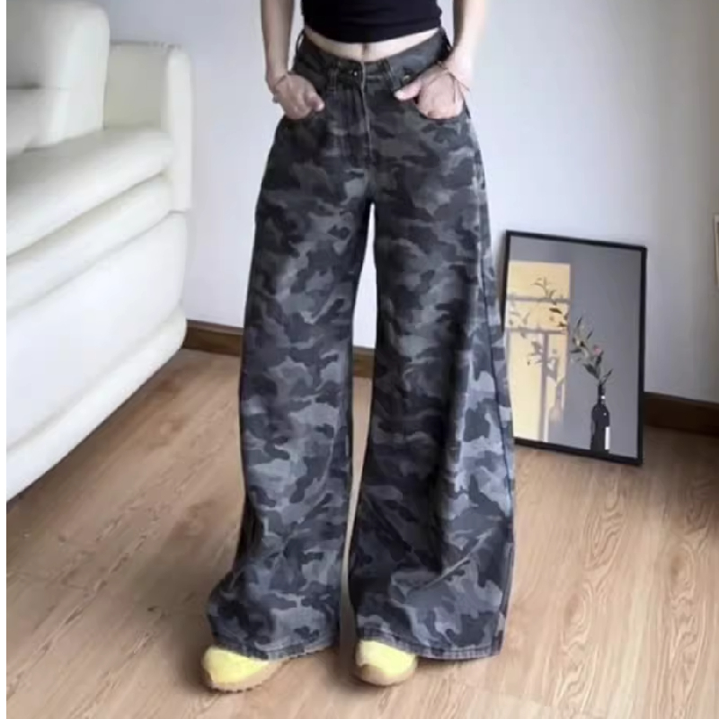 迷彩牛仔裤女2025新款夏季灰色大码高腰户外加长工装阔腿直筒裤子