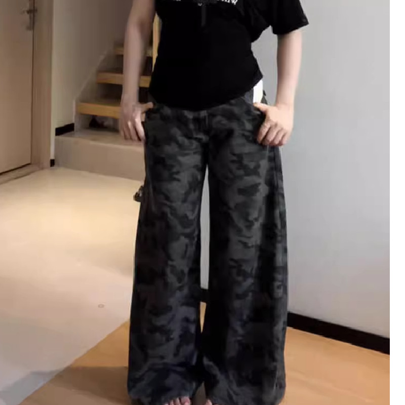 美式复古迷彩牛仔裤女韩版ins夏季新款高腰显瘦宽松直筒阔腿裤子