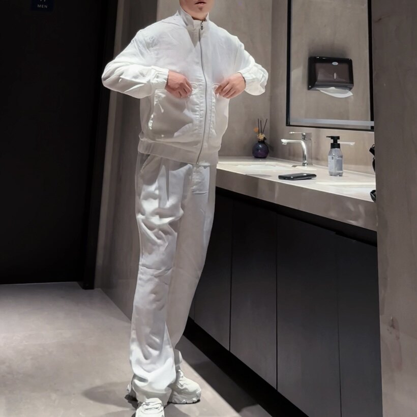 男士白色休闲套装秋季长袖拉链外套长裤两件套百搭高级感
