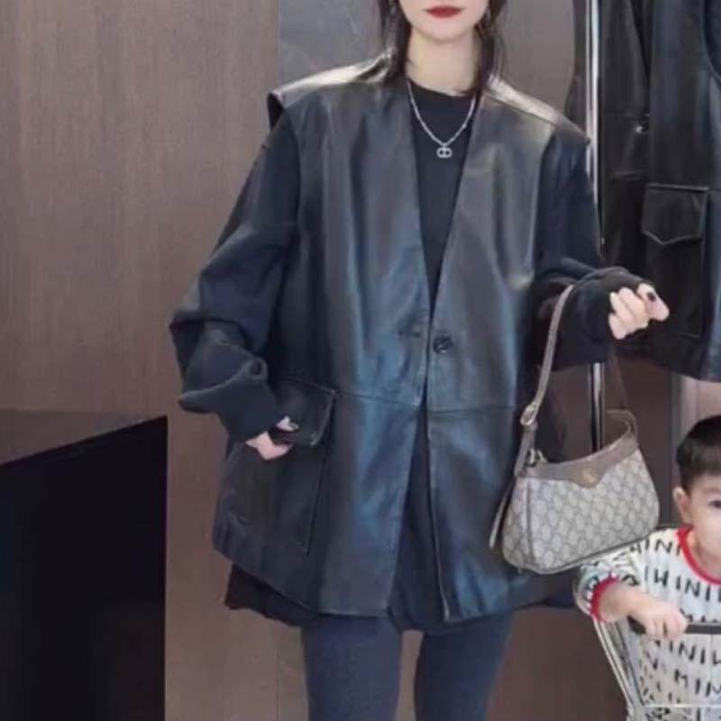 皮马甲女中长款V领2024春秋新款休闲宽松显瘦大码皮衣坎肩马夹潮