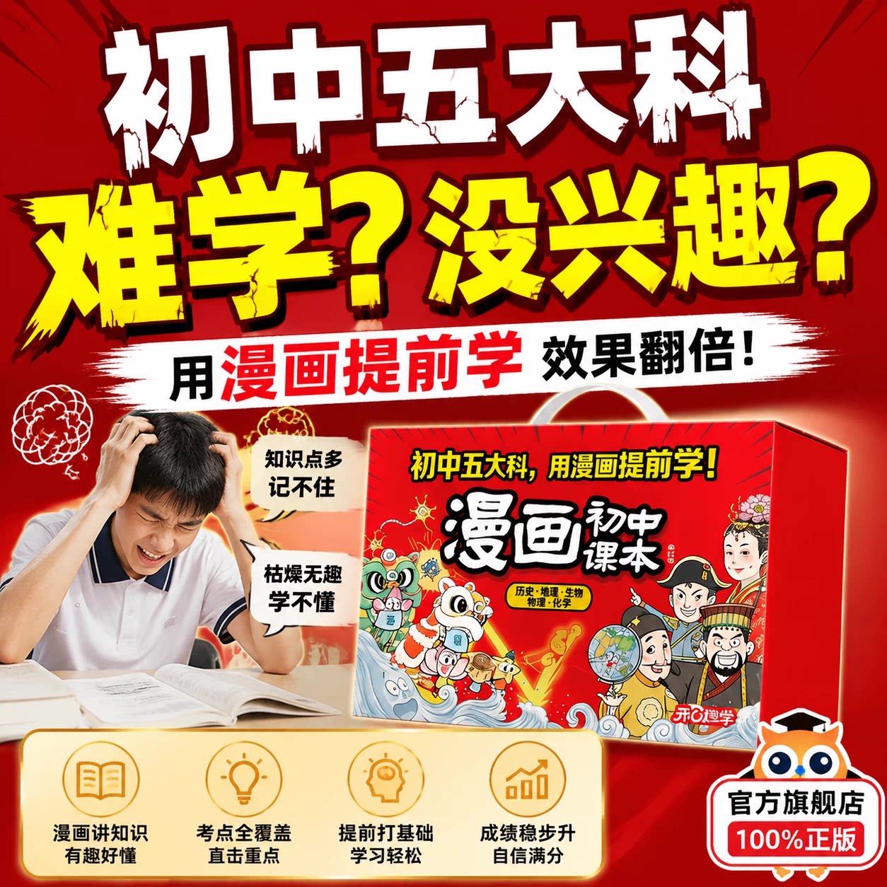 漫画初中物理化学小四门必背知识点开心漫画礼盒装五大科12册生物地理中国古代史近代史世界历史七八九上下册预习考点提前学归纳书