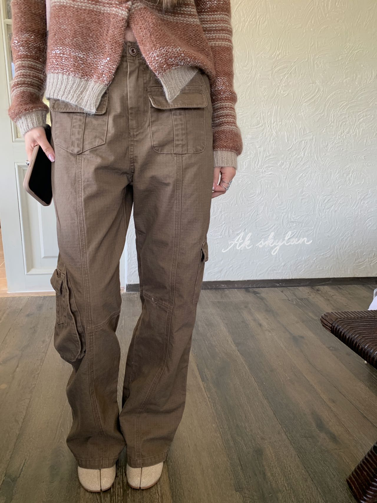 AKskylan复古立体贴袋抽绳百搭工装裤女秋冬宽松直筒显瘦休闲长裤