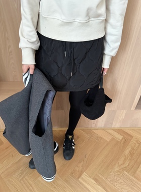 widelia2025年冬季简约休闲百搭松紧腰菱格显瘦夹棉A字半身短裙女