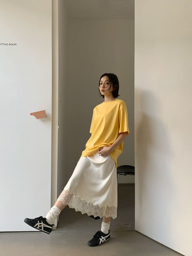 waitmore拼接蕾丝松紧腰半身裙女