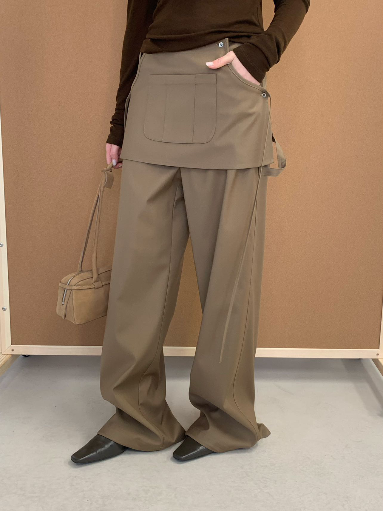 wait more显瘦设计感屁帘休闲裤两件套女韩版高腰纯色百搭阔腿裤