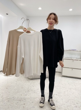widelia2025秋冬新款简约百搭圆领套头磨毛开叉中长款T恤内搭上衣