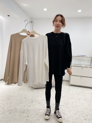widelia2025秋冬新款简约百搭圆领套头磨毛开叉中长款T恤内搭上衣