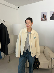 WIDELIA复古百搭字母毛呢外套2025休闲翻领拉链夹克宽松保暖上衣