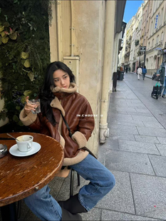 IN choose u笑笑家2025冬柔软保暖皮毛一体外套宽松羊羔毛机车服