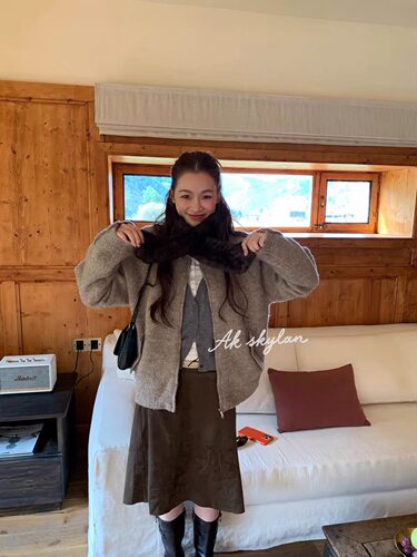 AKskylan复古慵懒风拉链夹克外套女秋冬韩系宽松休闲显瘦针织开衫