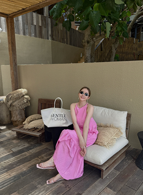 WIDELIA法式度假风拼接大裙摆a字吊带长裙夏季露背无袖褶皱连衣裙