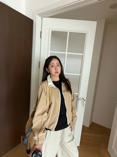 widelia2026春季复古休闲撞色拼接夹克立领翻领外套短款拉链上衣