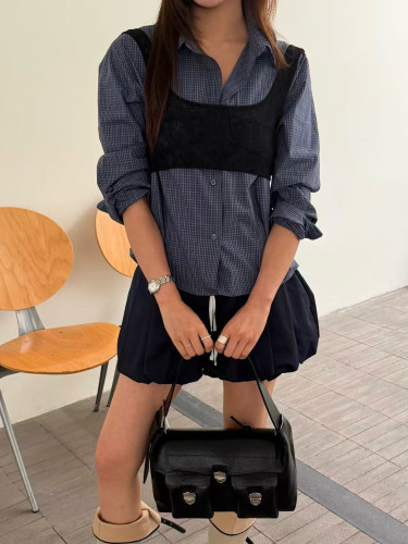 waitmore翻领宽松格纹长袖衬衫