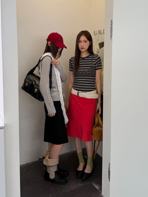 waitmore圆领显瘦复古拼色条纹短袖T恤女春夏修身百搭休闲上衣潮