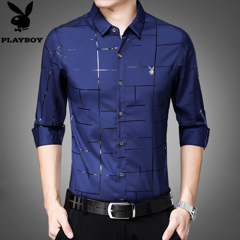 花花公子男士长袖衬衫修身2019春秋季商务休闲薄款男装格子衬衣潮|msdalam kategori Pakaian Lelaki, shirt - dari Buy2taobao.com untuk memberikan perkhidmatan ejen Taobao profesional membeli