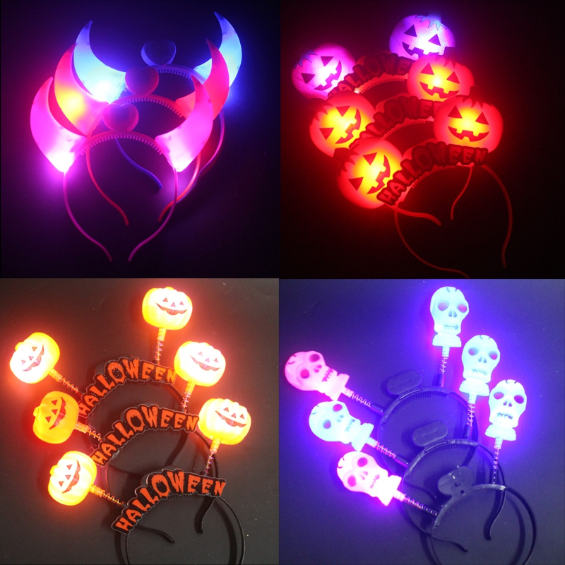 万圣节发光南瓜头箍头饰酒吧KTV派对装扮道具恶魔闪光小牛角发箍